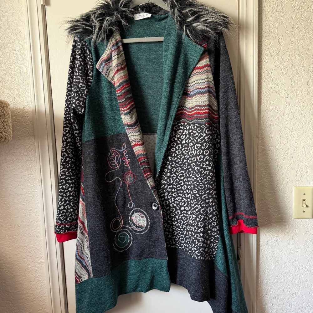 Ania A Mixed Media Patchwork Cardigan removable Faux Fur Collar Embroidered y2k